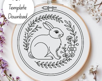 Bunny Floral Hand Embroidery Pattern: Beginner DIY Hoop Art (PDF Download)