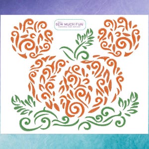 May include: An embroidery design featuring a large central orange pumpkin with swirling patterns, flanked by two smaller orange pumpkin shapes above, and green leafy vines at the base. The text SEW MUCH FUN is printed at the top center.
