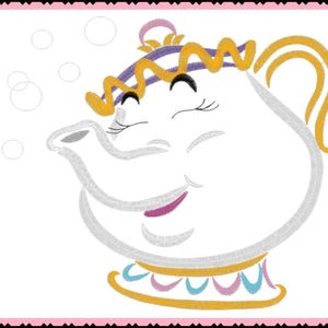 May include: A white teapot with a smiling face, featuring a yellow handle and accents. The teapot has a purple and yellow headpiece and a pink and blue base. The design is outlined in gray, with a pink border and white background.