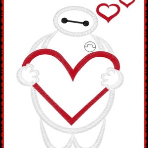Pode incluir: Imagem bordada de um personagem de robô branco segurando um grande coração vermelho. O robô tem uma barra preta para a boca e dois círculos pretos para os olhos. Dois corações vermelhos flutuam acima da cabeça do robô. A imagem é emoldurada com uma borda vermelha e preta.