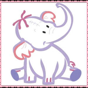 Puede incluir: Ilustración de dibujos animados de un elefante sentado, con contorno y detalles en lila claro y rosa. El elefante tiene una trompa levantada, orejas grandes y un lazo rosa en la cabeza. La imagen está enmarcada con un borde rosa.