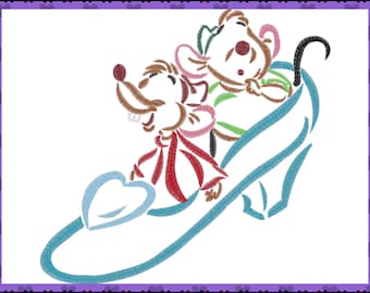 Jaq & Gus Gus in Cinderella's Glass Pantoffel inspirierte digitale Stickerei
