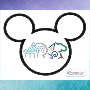 May include: An embroidery design featuring a black stitched Mickey Mouse head outline containing four small icons: a light blue castle, a gray geometric shape, a blue wizard hat with stars, and a green tree. The text SEW MUCH FUN is visible.