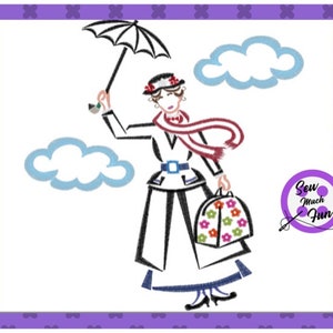 Puede incluir: Un dibujo en blanco y negro de una mujer sosteniendo un paraguas y una bolsa colorida. Lleva una bufanda roja y un sombrero negro. El fondo es blanco con dos nubes azules. La imagen incluye el texto "Sew Much Fun".