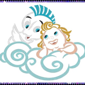 Könnte beinhalten: Eine Cartoon-Illustration einer weißen und blauen Wolke mit einer weißen und blauen Figur mit einem blauen Irokesenschnitt und einer weißen und rosa Figur mit blonden Haaren.