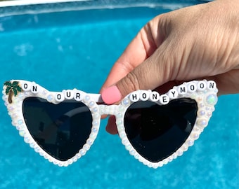 Honeymoon sunglasses, custom bride sunglasses, bride custom glasses, honeymoon accessories, bride honeymoon jewelry, beaded bride glasses