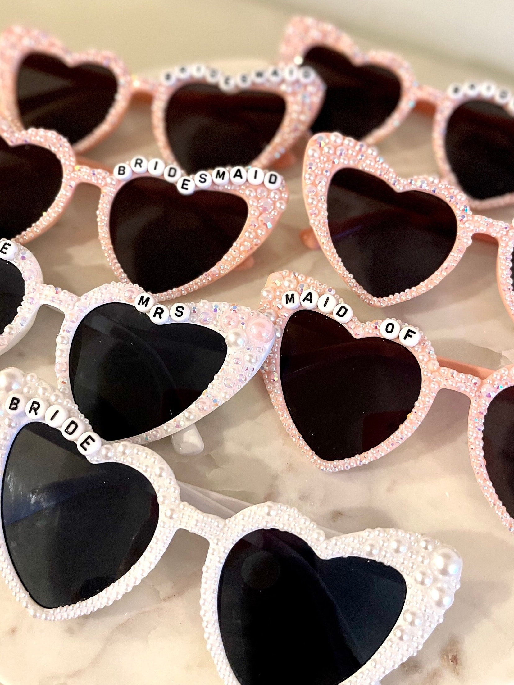 Custom bridesmaid sunglasses, maid of honor sunglasses, white pearl bride glasses, matching bachelorette glasses, pink bridesmaid glasses