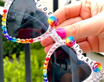 Rainbow sunglasses, pride month, pride sunglasses, love is love, festival, party sunglasses, bedazzled sunglasses, beaded sunglasses custom