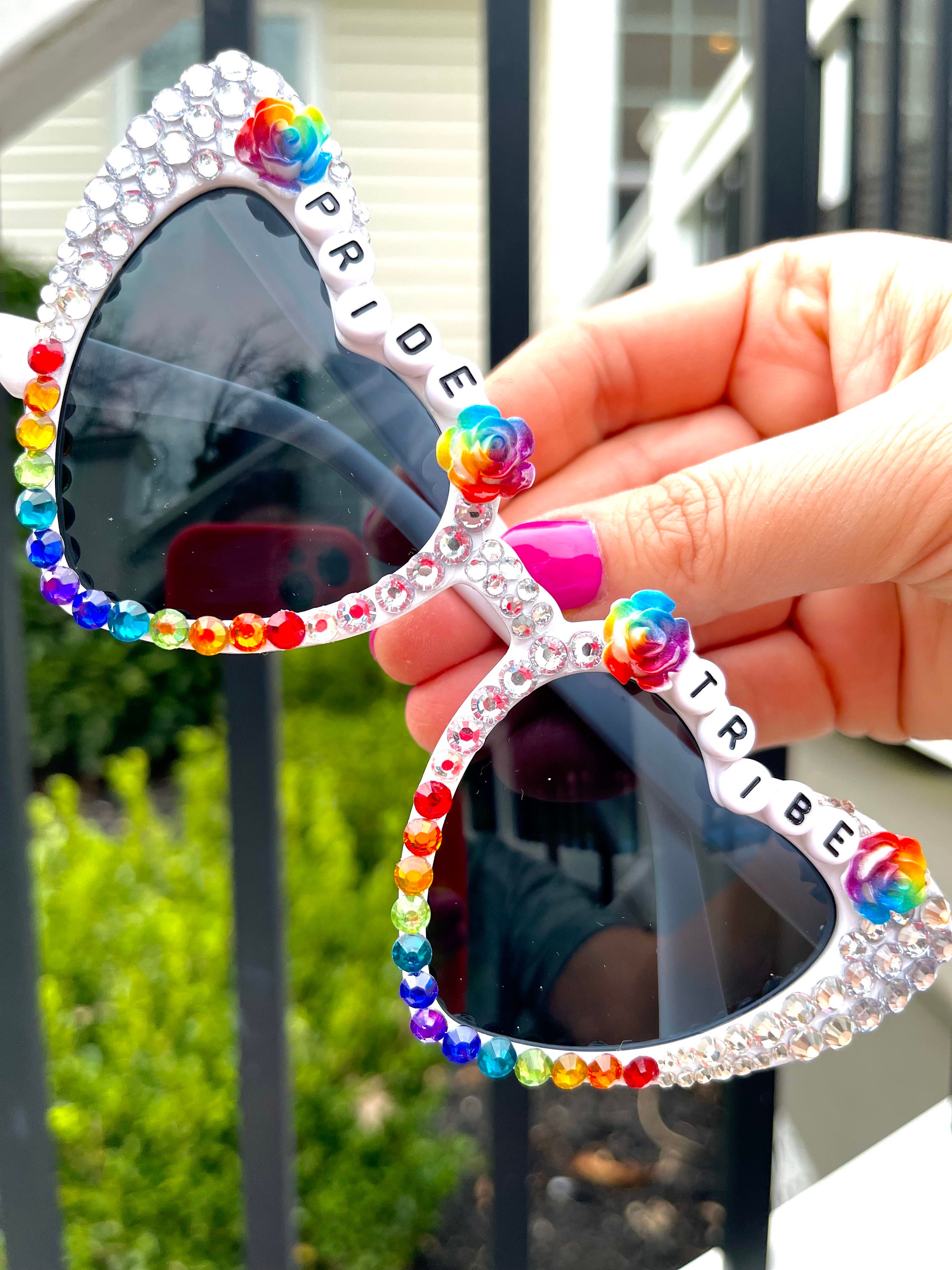 Rainbow Beaded Sunglasses, Pride Month, Festival Sunglasses - Etsy