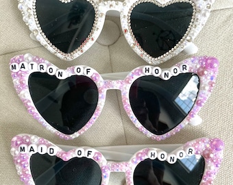 Purple custom bride sunglasses, beaded bride sunglasses, white pearl bride glasses, pink bachelorette glasses, purple bridesmaid glasses,