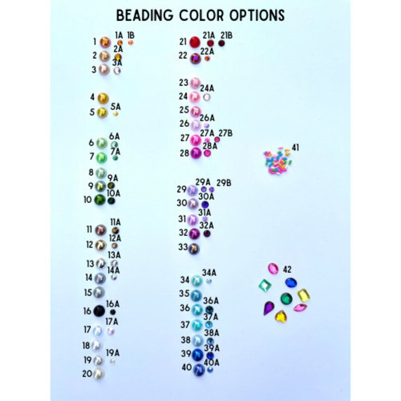 May include: Chart of beading color options with numbers and letters. The chart shows a variety of colors and styles of beads, including clear, iridescent, pink, purple, blue, green, and black.