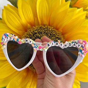 Sprinkle birthday sunglasses, custom sunglasses, personalized sunglasses, heart shaped sunglasses, beaded sunglasses, kids custom sunglasses