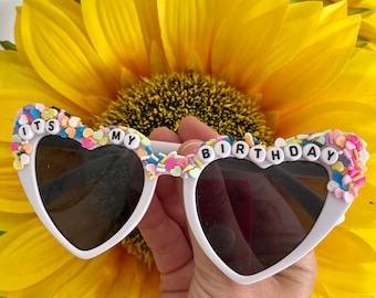 Sprinkle birthday sunglasses, custom sunglasses, personalized sunglasses, heart shaped sunglasses, beaded sunglasses, kids custom sunglasses
