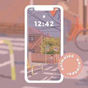 Animated Sunset Japanese Town Phone Wallpaper | iOS 14 and Android | Soft aesthetic | Digital Download