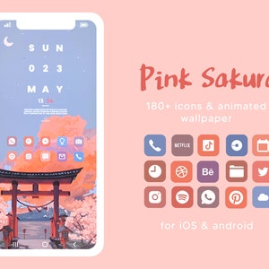 Japanese Sakura & Shinto shrine app icon and wallpaper pack for iOS 14 and Android | Pink, aesthetic, pastel sunset illustration