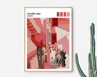 La Muralla Roja | Pink Spanish Architecture & plants artwork print | Modern and contemporary illustration