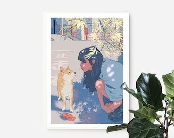 Girl and the Shiba | Cute Japanese Summer inspired physical wall art