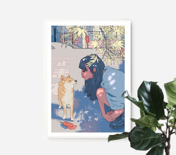 Girl and the Shiba | Cute Japanese Summer inspired physical wall art