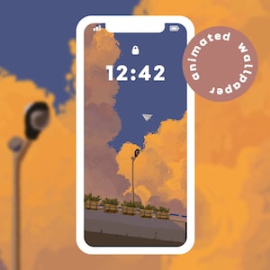 May include: A digital illustration of a phone screen with a sunset sky background. The phone screen displays a digital clock showing 12:42 and a paper airplane flying in the sky. The phone is surrounded by a blurred background of a sunset sky.
