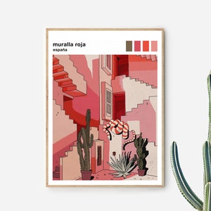 DIGITAL PRINTABLE La Muralla Roja | Pink Spanish Architecture & plants artwork print | Modern and contemporary illustration