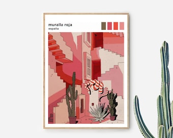 DIGITAL PRINTABLE La Muralla Roja | Pink Spanish Architecture & plants artwork print | Modern and contemporary illustration