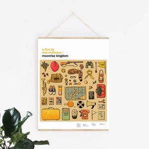May include: A film poster for the movie "Moonrise Kingdom" by Wes Anderson. The poster features a yellow background with a grid of various objects, including a map, a rifle, binoculars, a raccoon, a suitcase, a trumpet, a record player, and a telephone. The text "a film by Wes Anderson / Moonrise Kingdom" is printed in yellow at the top of the poster.