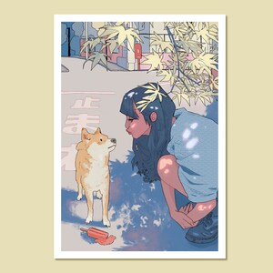 May include: A young woman with blue hair and a blue shirt is crouching down and looking at a Shiba Inu dog. The dog is looking up at the woman. There is a fallen popsicle on the ground. The background is a light blue and pink with a few green plants.