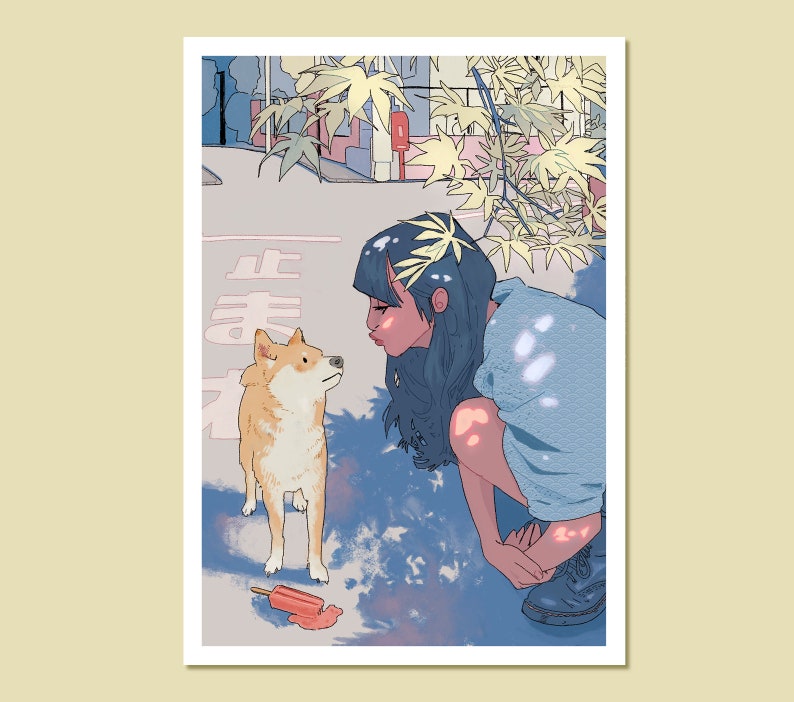 May include: A young woman with blue hair and a blue shirt is crouching down and looking at a Shiba Inu dog. The dog is looking up at the woman. There is a fallen popsicle on the ground. The background is a light blue and pink with a few green plants.