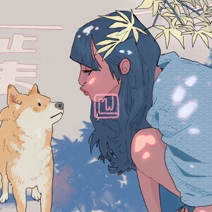 May include: A blue-haired woman with a flower crown looks down at a small, light brown dog. The woman is wearing a light blue shirt with a white pattern. The background is a light blue and pink watercolor wash.