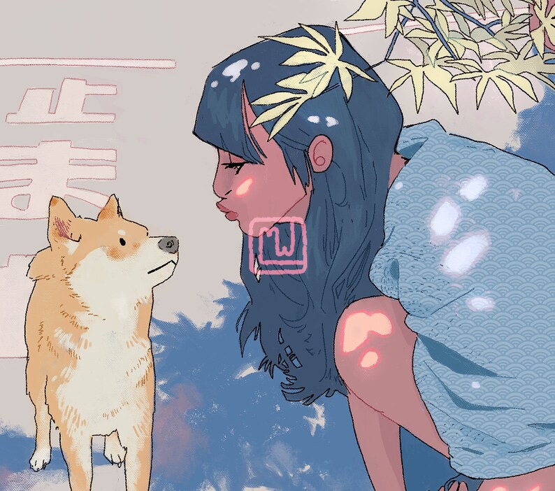 May include: A blue-haired woman with a flower crown looks down at a small, light brown dog. The woman is wearing a light blue shirt with a white pattern. The background is a light blue and pink watercolor wash.
