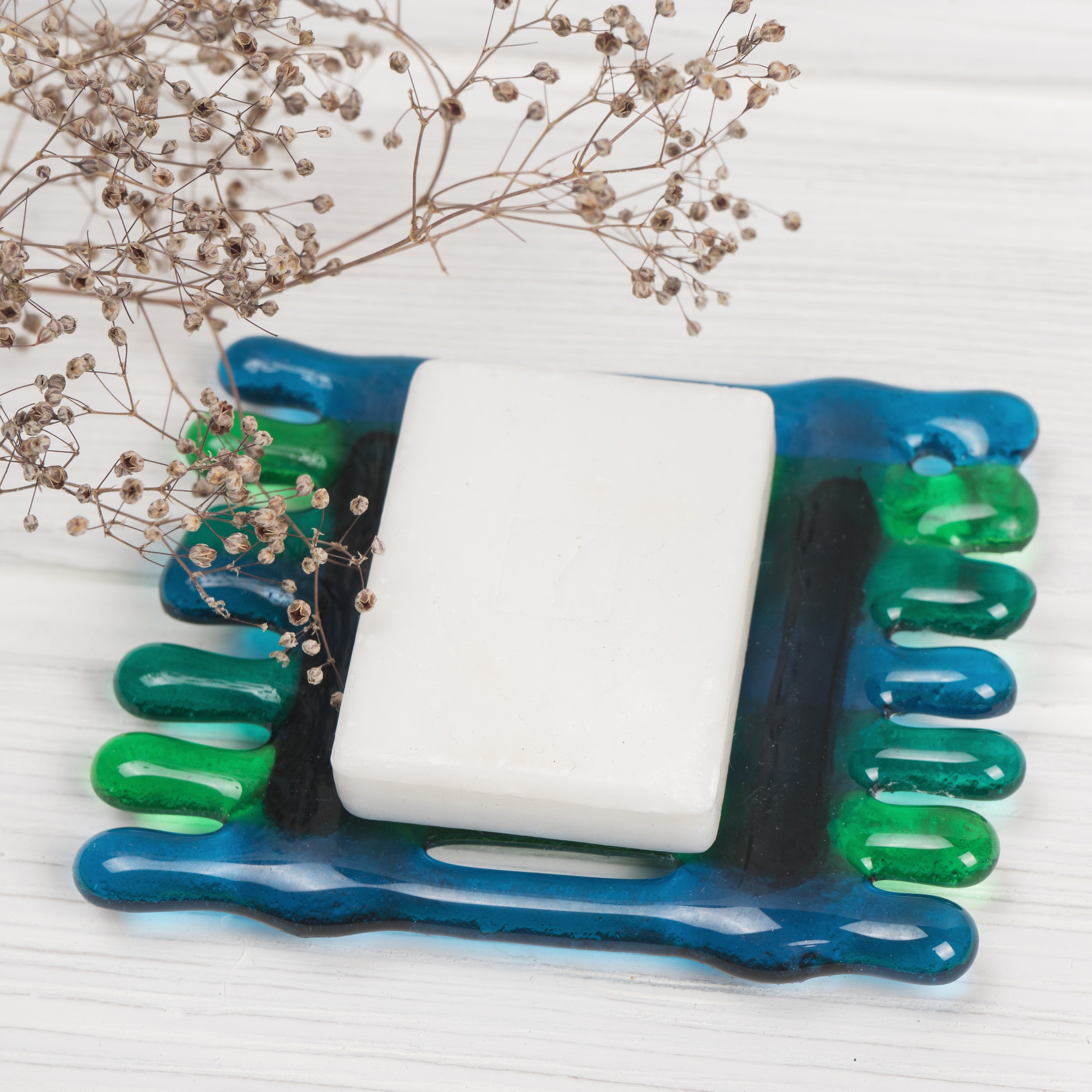 Green glass soap dish with drain bath accessories soap Etsy