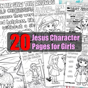 Jesus Character Bible Coloring Pages for Girls - 20 Bible Verse Illustrations - Kids Christian Coloring Sheets - Printable Activity Sheets