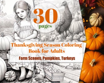 Fall Harvest Coloring Book for Adults, Thanksgiving Printable Designs (PDF)