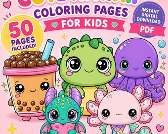 Kawaii Animal Coloring Pages for Kids, Chibi Panda, Cat, Dino, Donut (Digital Download)