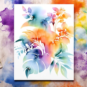 Op de afbeelding: Een aquarelschilderij op een wit rechthoekig canvas met het silhouet van een toekan, geïntegreerd met levendige tropische bloemen en grote monstera-bladeren. Het kunstwerk toont een spectrum van in elkaar overvloeiende kleuren.