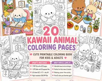 20 Kawaii Animal Coloring Pages, Printable PDF Book