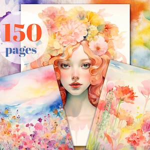 May include: Three watercolor paintings featuring floral designs. The first painting shows a woman with a floral crown, the second shows a field of flowers, and the third shows a close-up of a single flower.