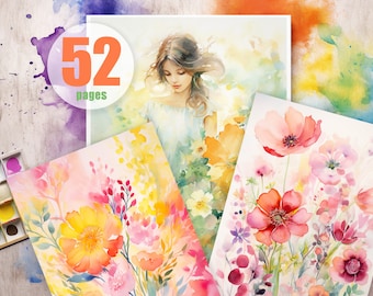 Floral Reverse Coloring Book, Abstract Watercolor Art, 52 Pages (PDF Digital Download)