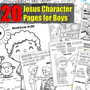 Jesus Character Bible Coloring Pages for Boys - 20 Bible Verse Illustrations - Kids Christian Coloring Sheets - Printable Activity Sheets