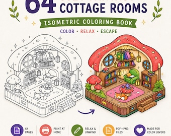 Isometric Coloring Book, Cozy Fantasy Cottage Rooms, Fox Dragon Owl Bee Dioramas (Digital Download)