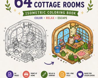 Isometric Coloring Book, 64 Cozy Fantasy Cottage Rooms, Animal Characters (Digital Download)