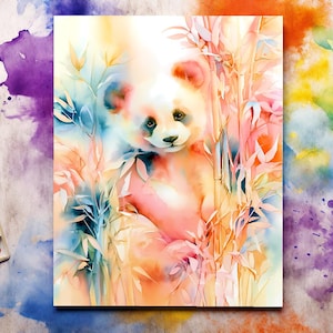 Peut inclure: Une peinture à l'aquarelle rectangulaire représentant un panda entouré de tiges de bambou. L'œuvre utilise une palette vibrante et multicolore avec des mélanges doux de teintes rose, orange, bleue et jaune sur toute la composition.