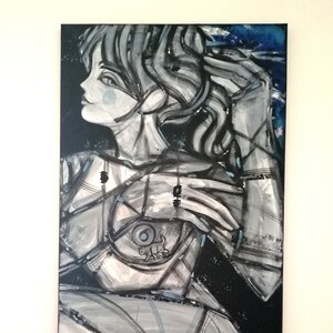May include: A black and white abstract painting of a woman with a blue eye. The woman is depicted with long, flowing hair and a stylised body. The background is a dark blue and black.