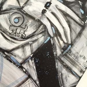 May include: Abstract painting featuring black, white and blue paint. The painting incorporates geometric shapes and lines, creating a sense of depth and movement.