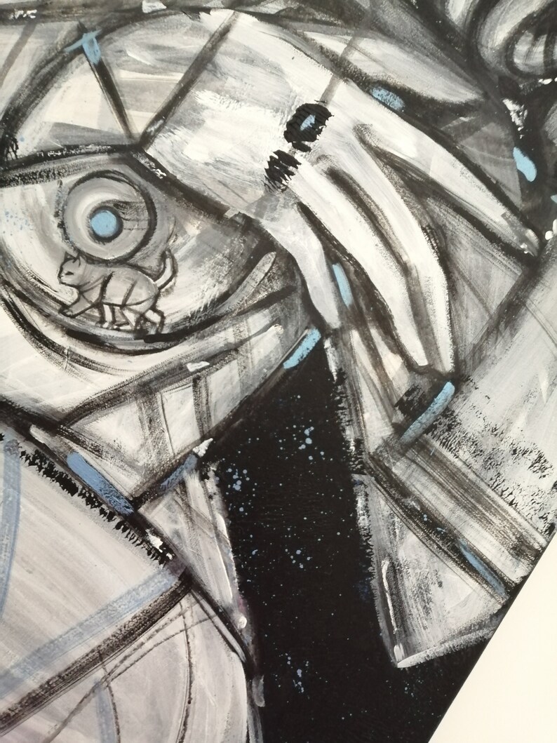 May include: Abstract painting featuring black, white and blue paint. The painting incorporates geometric shapes and lines, creating a sense of depth and movement.