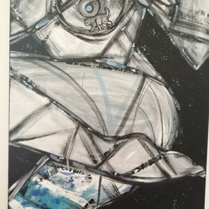 May include: Abstract painting featuring black, white and blue paint. The painting incorporates geometric shapes and a small, stylised animal figure.