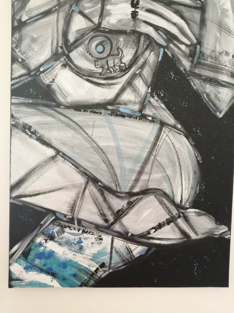 May include: Abstract painting featuring black, white and blue paint. The painting incorporates geometric shapes and a small, stylised animal figure.