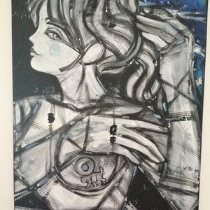 May include: A black and white abstract painting of a woman with a blue and white eye. The woman's hair is long and flowing, and her face is turned to the side. The painting is done in a bold and expressive style.