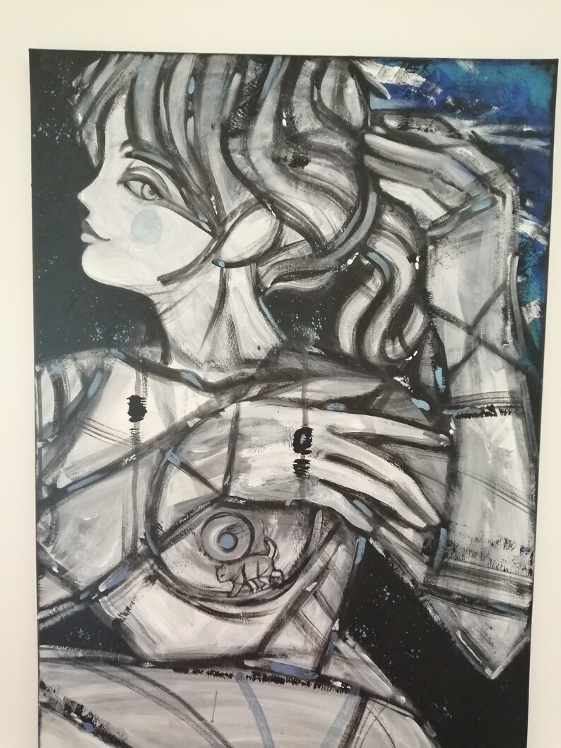 May include: A black and white abstract painting of a woman with a blue and white eye. The woman's hair is long and flowing, and her face is turned to the side. The painting is done in a bold and expressive style.