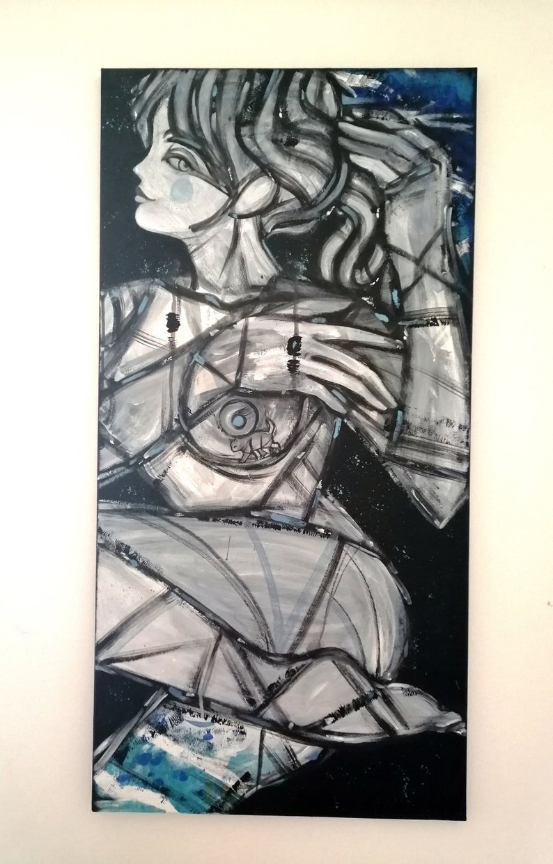 May include: A black and white abstract painting of a woman with a blue eye. The woman is depicted with long, flowing hair and a stylised body. The background is a dark blue and black.